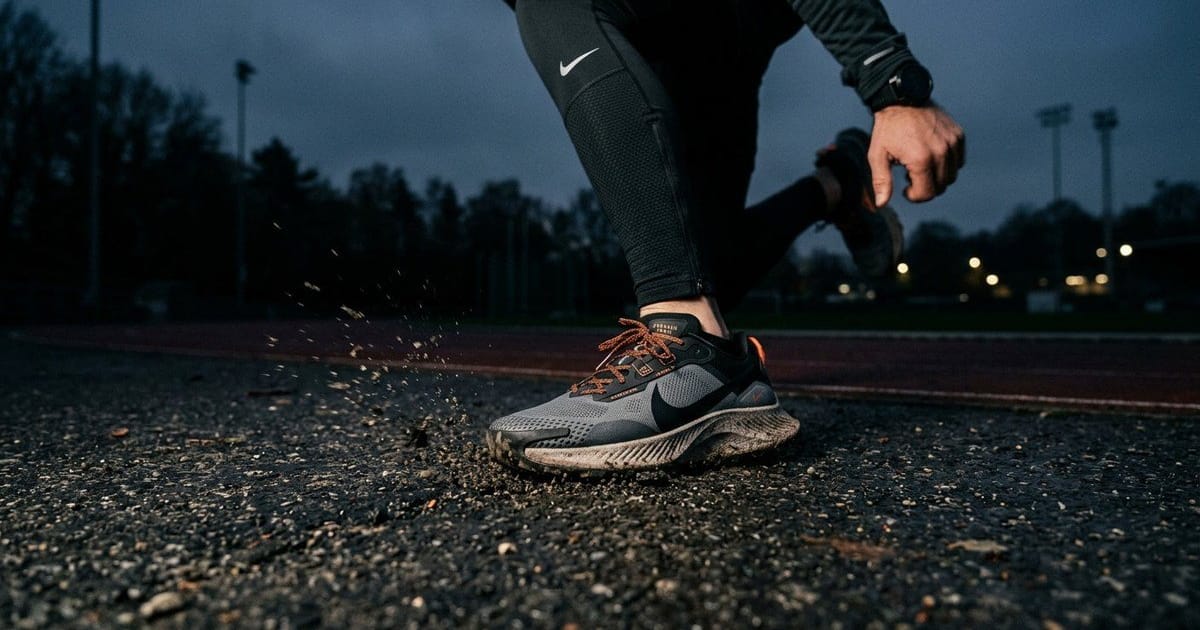 Close-up of an athlete running dynamically on a wet running track at dusk.